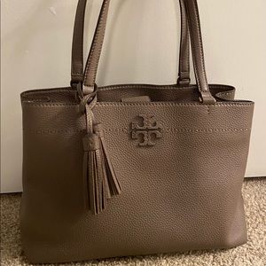 Tory Burch McGraw 13” Tote, Grey/Silver/Brown